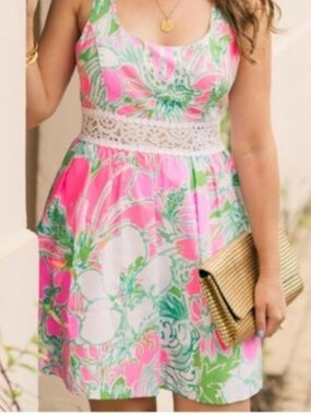 Lilly Pulitzer Pink and Green Floral Skater Dress with Crochet Waist